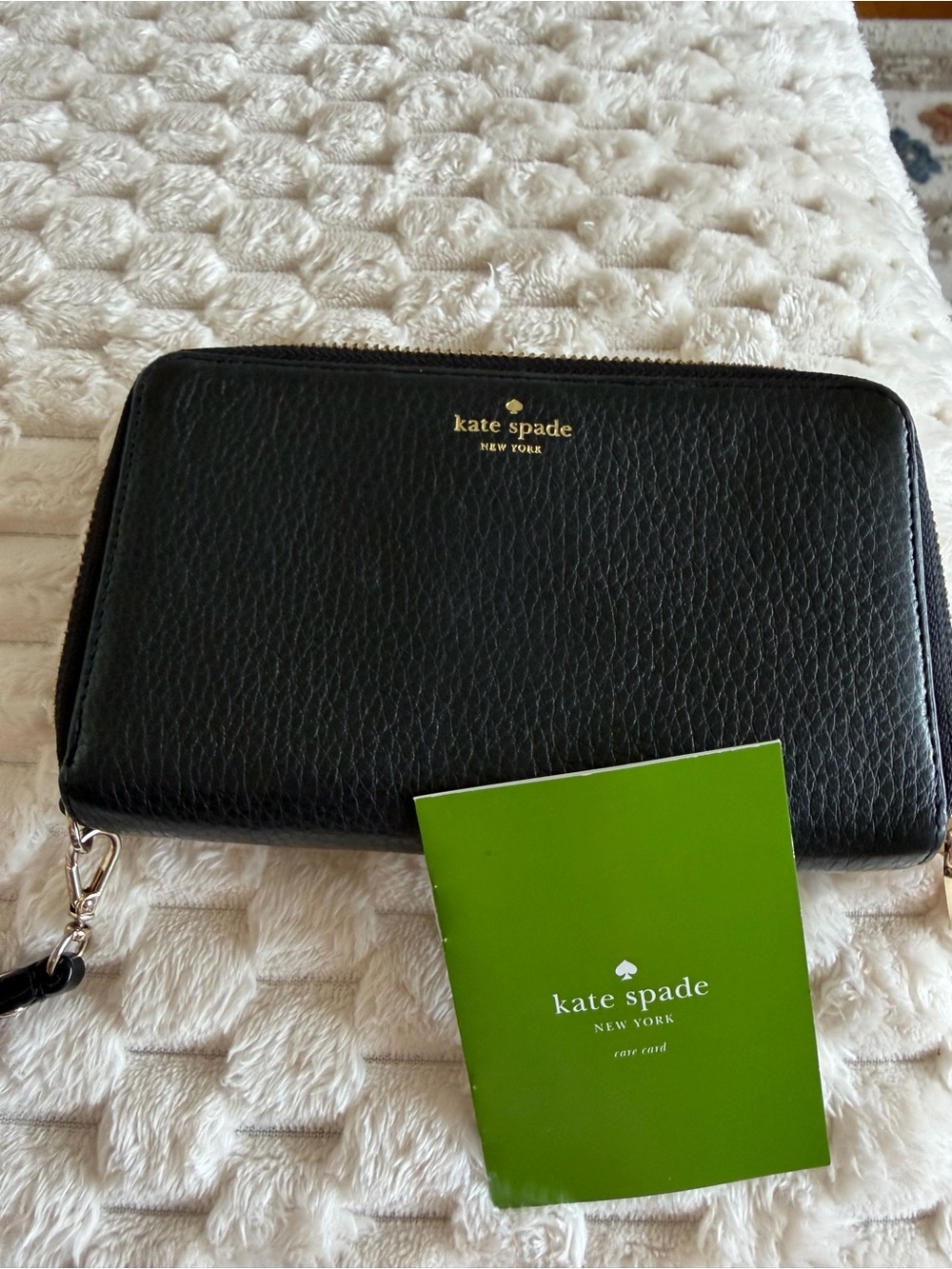 kate spade Black Pebbled Leather Zip Wristlet with Gold Logo